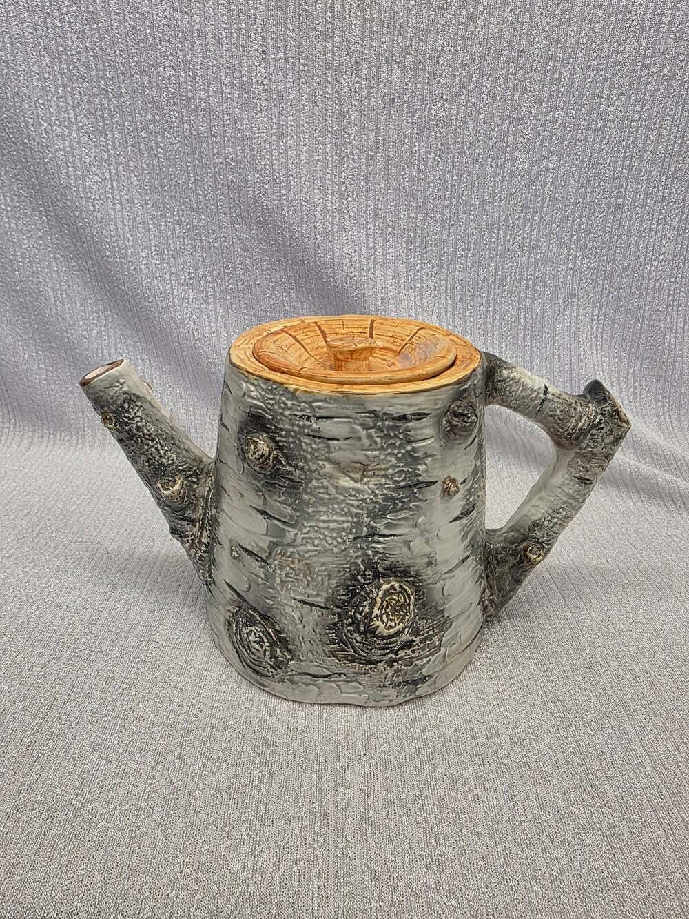 Department 56 Birch Bark Rustic Hand Painted Ceramic Teapot with Lid Tree Stump